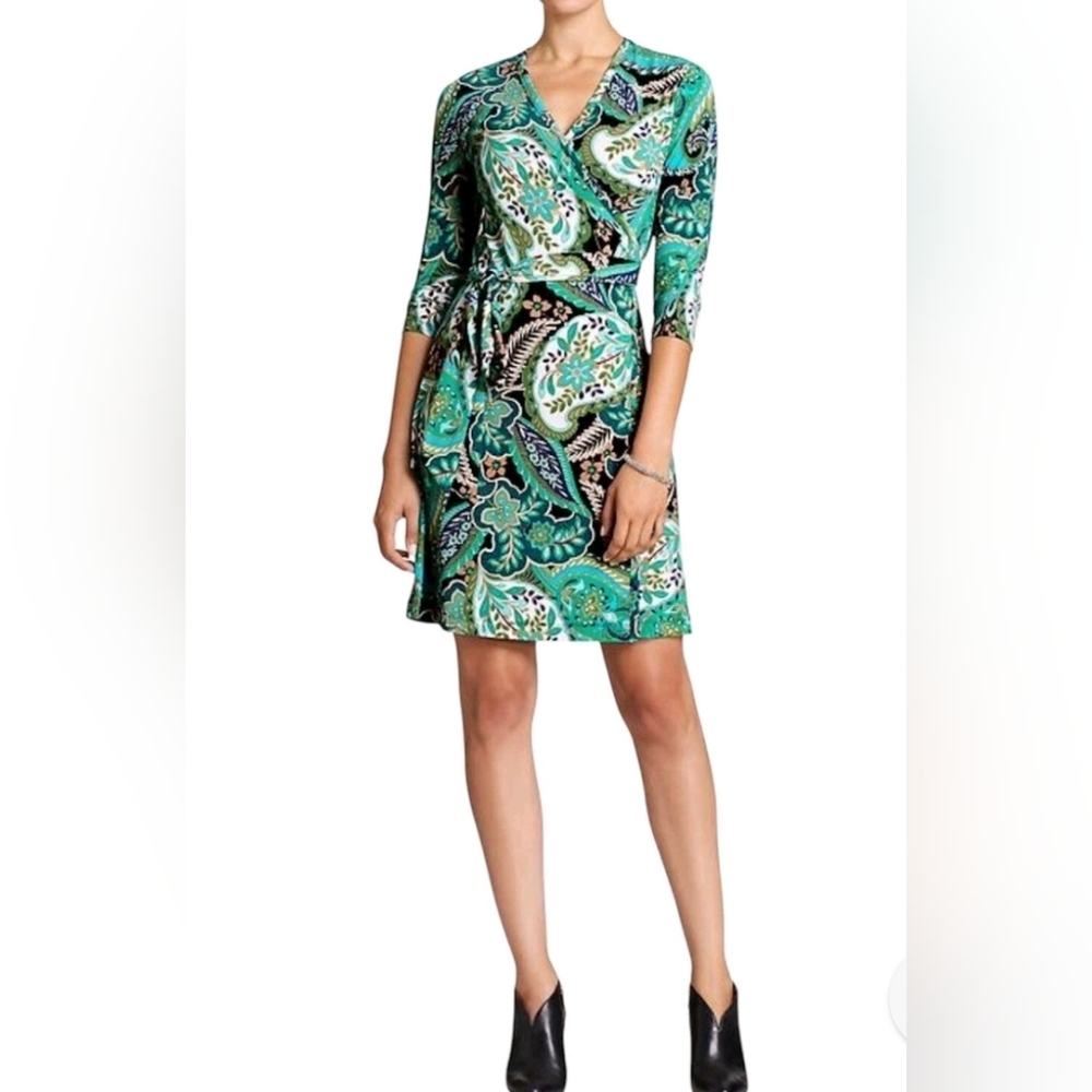 Banana Republic Green Paisley Wrap Dress 3/4 Sleeve Knee Length Boho Size S